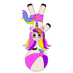 Funny vector Unicorn on the inflatable rubber ball. Vector illustration of flat Unicorn on striped beach ball isolated transparent background. Fun kid t-shirt print child room decor. EPS 10 Editable