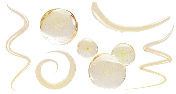 3d set of gold liquid serum drops with oil bubbles, collagen gel wavy smear, yellow clear circle stroke vitamin essence, spiral flow of cosmetic beauty product for skin and hair care