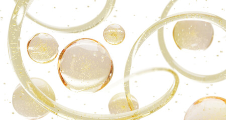 3d gold liquid cosmetic skin care background. Oil drops texture with bubbles, waves and splashes. Yellow transparent serum, collagen gel, hyaluronic acid or vitamin essence render