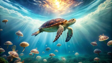 Obraz premium Majestic Sea Turtle Gracefully Navigates Sunlit Ocean Depths Amidst Bioluminescent Marine Life