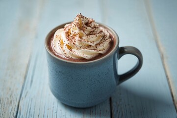 Rustic Blue Mug Filled with Warm Winter Comfort Drink