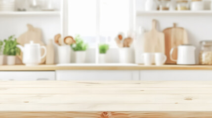 Natural Light Wood Kitchen Countertop with Bright Window View and Kitchenware Blurred Background Mockup