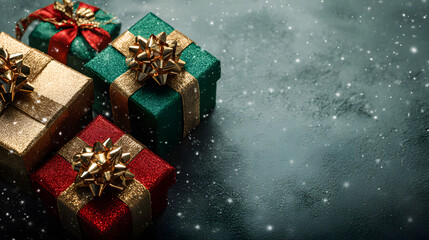 Group of Luxury Christmas Gifts on Dark Grunge Background with Copy Space
