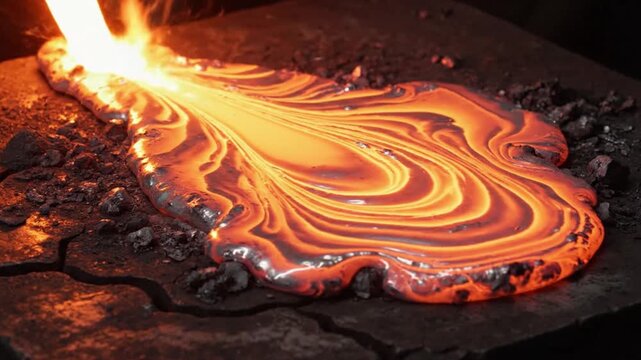 Fiery molten metal stream pours onto hot surface creating glowing incandescent swirls and sparks in industrial process