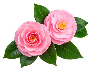 Two delicate pink blossoms with green leaves on black background
