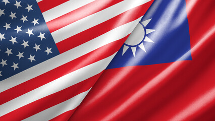 United States USA and Taiwan two national flags filling the entire frame, close-up view, edge-to-edge composition