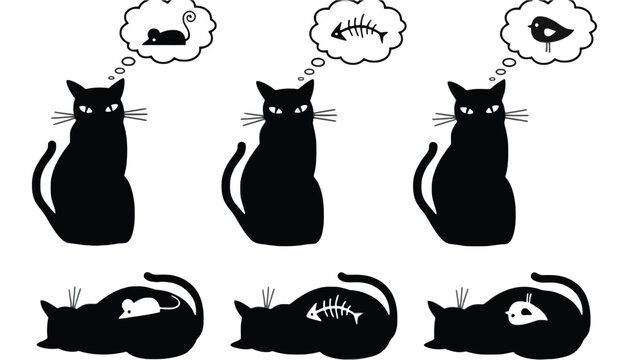 Black cat silhouette thinking about food vector illustration