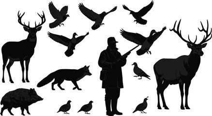 Silhouette hunter with rifle surrounded by wild animals and flying birds, deer, fox, boar, quail, nature wildlife hunting scene illustration