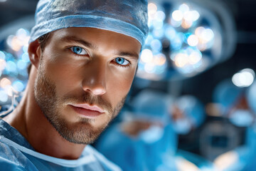 Surgeon in Scrubs and Cap Under OR Lights