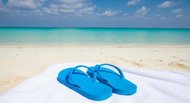 Blue flip flops on a white towel on a sandy beach with turquoise water and blue sky