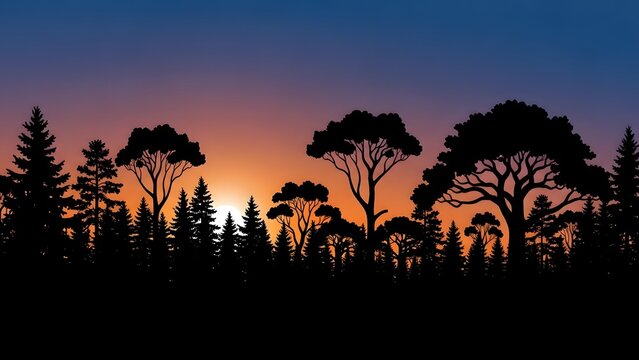 Silhouette of a forest at sunset with a colorful sky backdrop