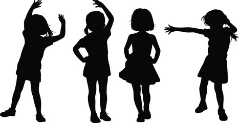 Silhouette of four young girls standing in different playful poses, expressing creativity, joy, movement, childhood energy, fun, imagination, and freedom outdoors.