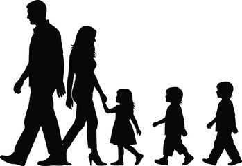 Silhouette of parents walking with children holding hands, family together outdoors, unity, parenting, childhood, bonding, lifestyle, relationships, black and white design