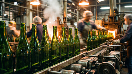 Green glass bottles on a production line in a factory with workers behind.