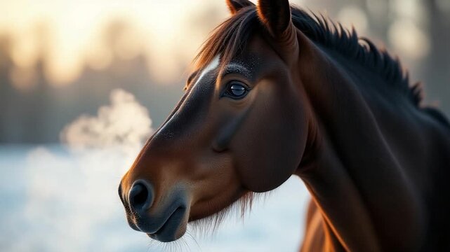 A close-up shot of a horse's face in snowy surroundings