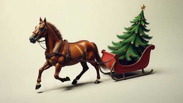 A horse pulls a sleigh carrying a decorated Christmas tree through snowy landscape
