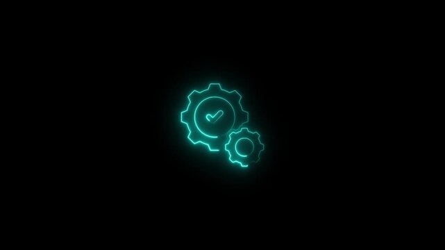 Neon gear icon with checkmark, bright automation symbol, futuristic system settings UI element animation.