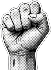 Fototapeta premium A black and white halftone illustration depicts a clenched fist raised upwards symbolizing power resistance and unity Strength Protest Solidarity Victory