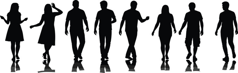 Silhouettes of diverse men and women walking together in a row, modern group movement concept, unity teamwork lifestyle illustration design
