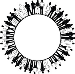 Silhouettes of diverse people standing in a circular formation around a blank center, symbolizing community unity, teamwork, connection, collaboration, and global support