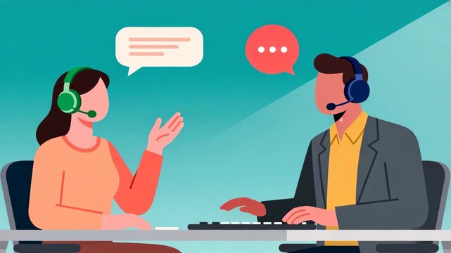 Two friendly agents with chat bubbles in clean teal scene showing tech support customer service teamwork - Powered by Adobe