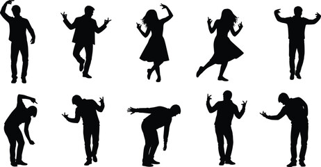Silhouettes of men and women dancing in dynamic expressive poses, energetic movement collection, stylish dance vector illustration for creative design projects