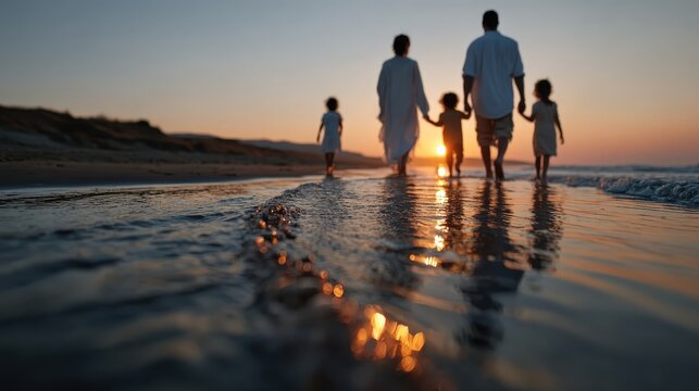 A heartwarming scene of a family strolling along the beach, hand in hand, as the sun sets on the horizon. The silhouettes create a beautiful moment of togetherness and joy.