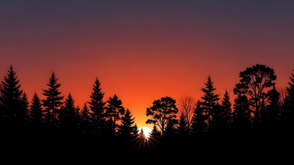 Silhouette of forest trees against a vibrant sunset sky with warm colors