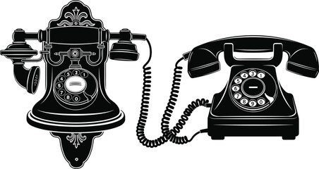Vintage rotary dial telephones illustration showing classic wall-mounted and desktop designs, retro communication devices, antique phone artwork, nostalgic technology concept