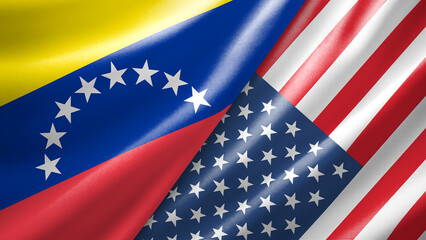 Venezuela and United States of America two national flags filling the entire frame, close-up view, edge-to-edge composition