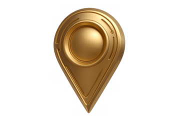 Golden 3d map pin icon with metallic finish. Locating a specific place, destination, or current position. Transparent background