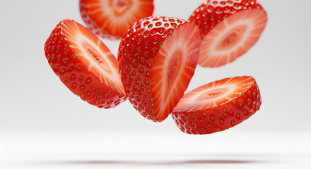 Halved Strawberry Slices Floating and Falling in the Air on White Background