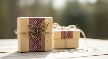 Two beautifully wrapped gift boxes with butterfly decoration
