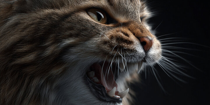 Fierce wildcat roaring with intense gaze against dark background - Powered by Adobe