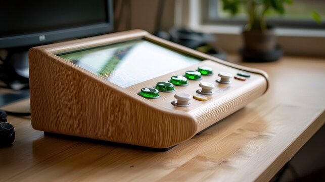 A close-up, eye-level shot of a wooden-cased retro arcade machine with multiple green and white buttons, placed on a wooden desk. Natural light streams in from