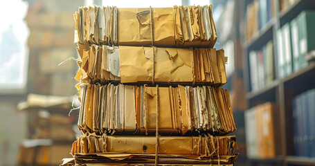 Stack of old tied paper documents in a dimly lit archive
