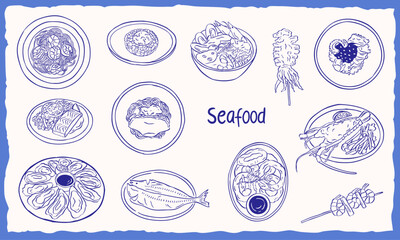 seafood disheh hand drawn sketch illustraion collection set