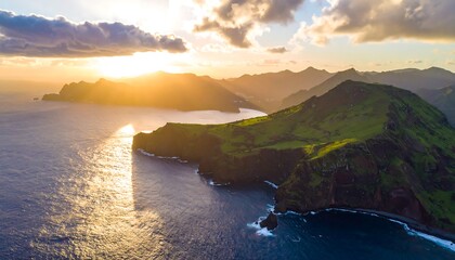Scenic sunset over rugged coastal landscape