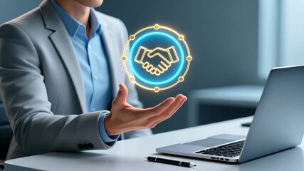 Businesswoman hand holding glowing handshake icon in cool light showing trust and tech support, customer service