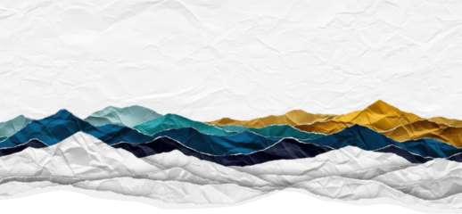 Layered Paper Mountains In Shades Of White Blue Teal And Gold With Crumpled Textures Forming Abstract Peaks Against A Bright Transparent Background Landscape