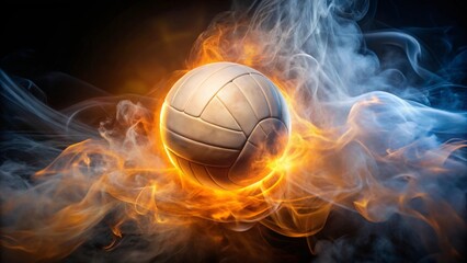 Fiery Volleyball engulfed in swirling smoke and intense flames, a dramatic display of athletic passion and competitive spirit