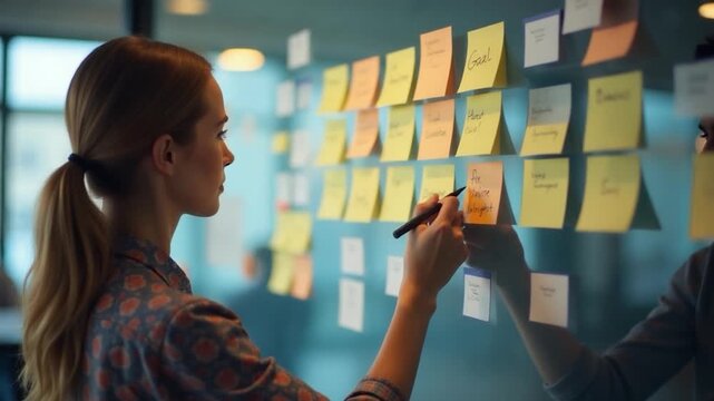 A woman writes on a wall with sticky notes, ideal for an office or study setting