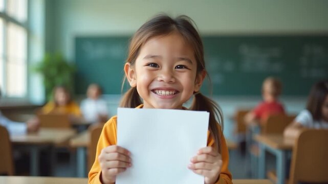 A young girl holds a sheet of paper up to conceal her identity