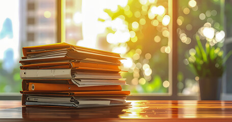 Stack of orange file folders sitting on a wooden desk with sunlight