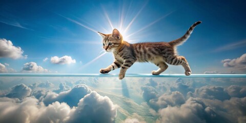 A playful kitten gracefully balances on a thin, clear surface high above a boundless expanse of fluffy clouds under a radiant sun.