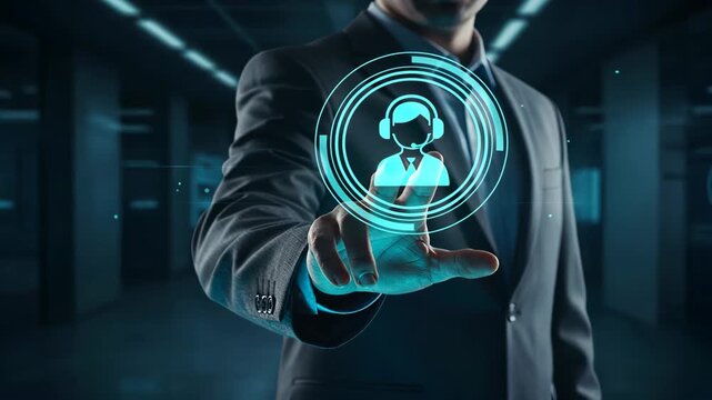 Businessman outstretched hand toward bright circular customer service call icon in dark scene showing pro tech support, customer service