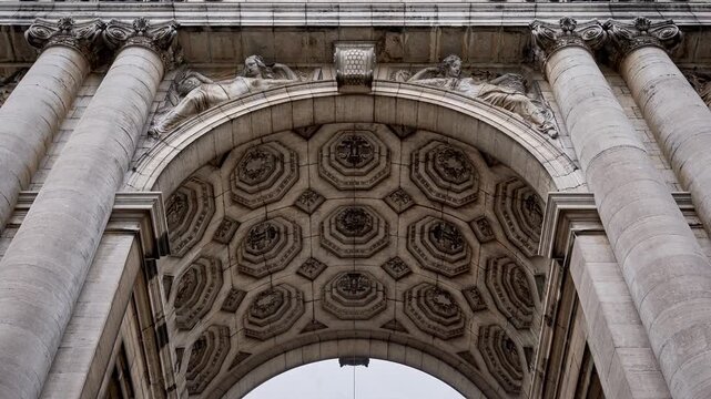 Under the Cinquantenaire Arch in Brussels - Architectural ceiling detail and Corinthian columns