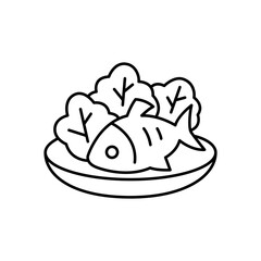 Lettuce salad on the plate with meat, fish, chicken drumsticks icon set. Healthy food icons. Healthy diet concept. Vector Illustration.