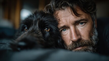 A man and his dog share a heartwarming moment of closeness, portraying the essence of companionship and loyalty through their tender expressions in a cozy, peaceful setting.