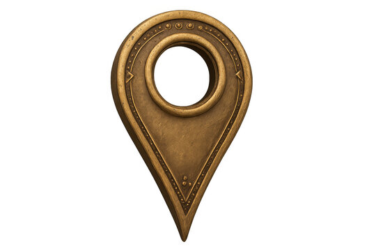 Ornate bronze map pin icon with antique texture, symbolizing location, navigation, and travel for digital design